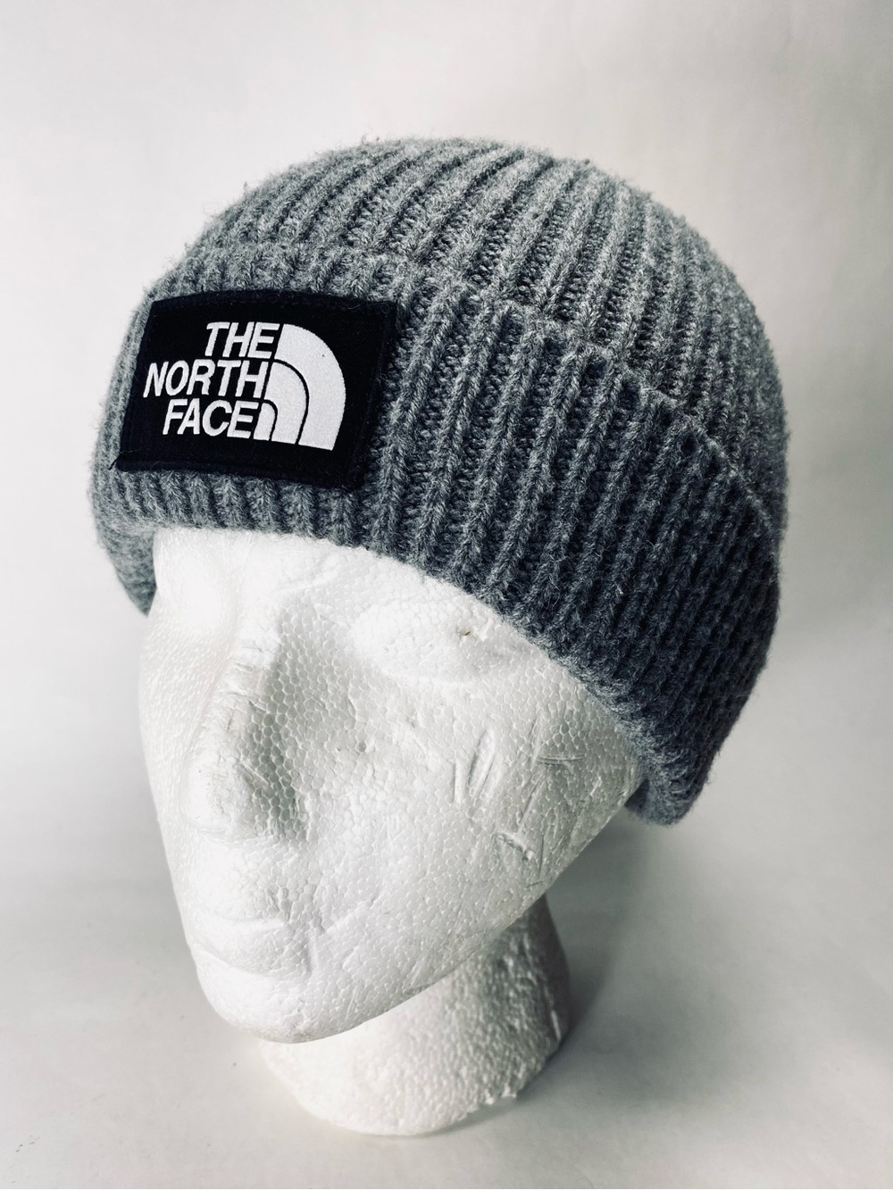 The North Face Charcoal Ribbed Knit Beanie with Logo Patch - Unisex